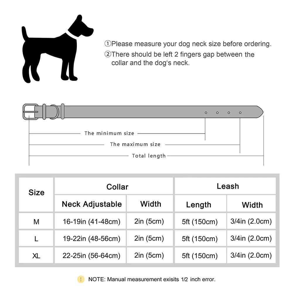 MESA collar and lead size guide for M, L and XL