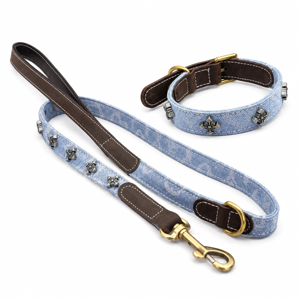 CREST denim dog collar and lead set